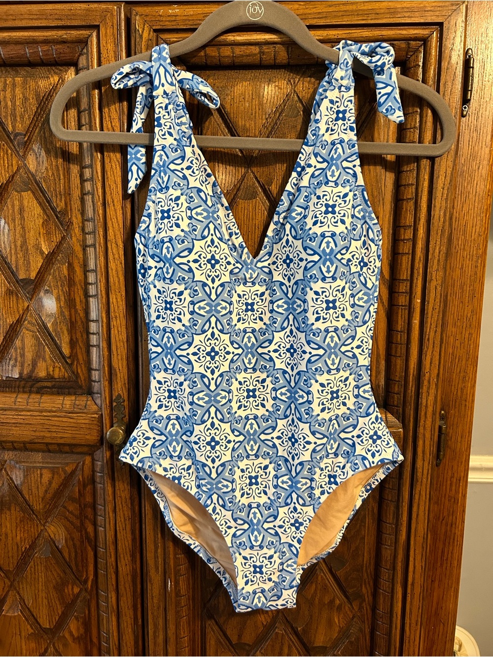 J. Crew Blue & White Tile-Print One-Piece Swimwear with Tie Straps
